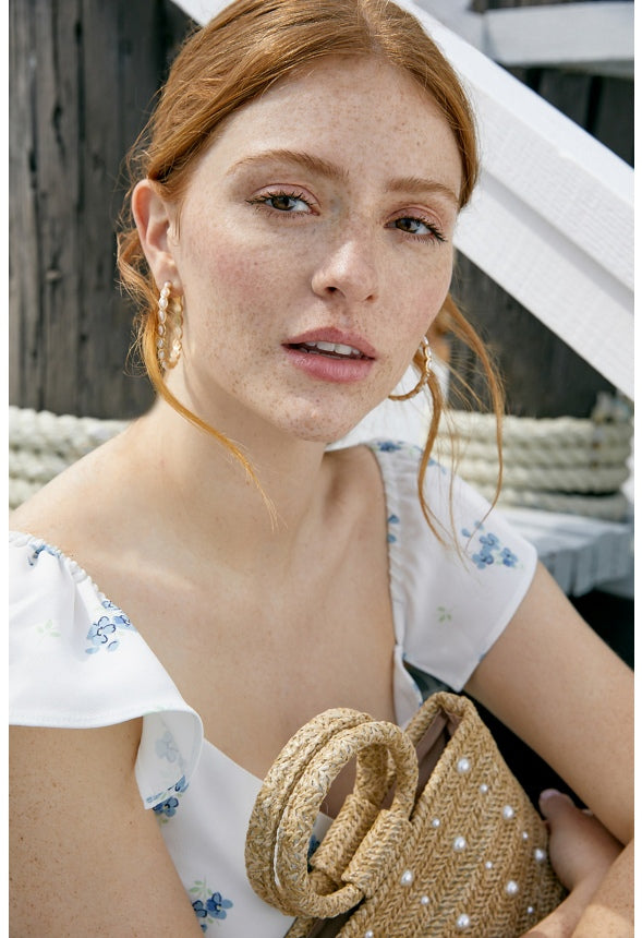 Georgia Navette Pearl Hoop Earrings Gold