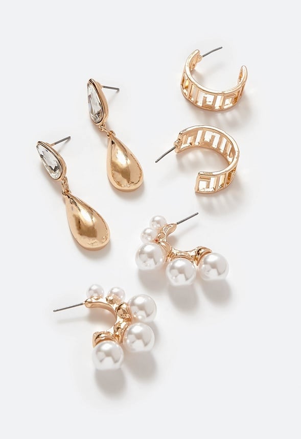 3-Pair Pack Zya Geometric And Pearl Hoops And Glass Earrings Cream/ Gold