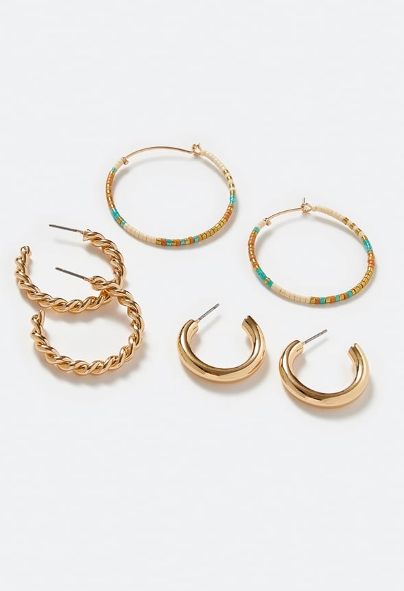3-Pairs Pack Of Lara Mix Hoop Earrings With Glass Beads Cream/ Blue Mix/ Gold
