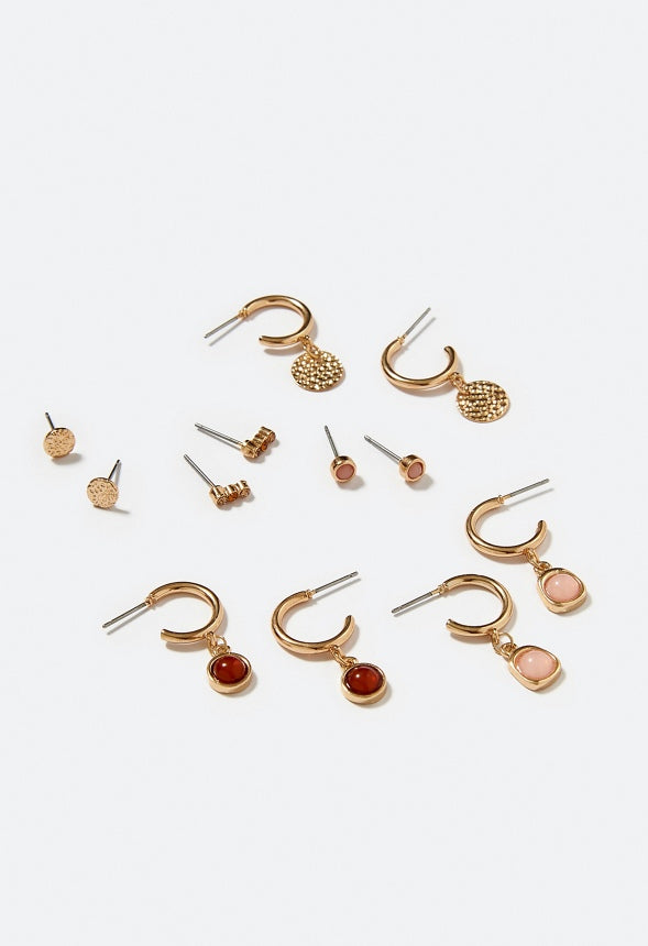 6-Pair Hana Mixed Metal Studs & Hoops With Smooth Stone Inlay Topaz/ Pink/ Gold Mix