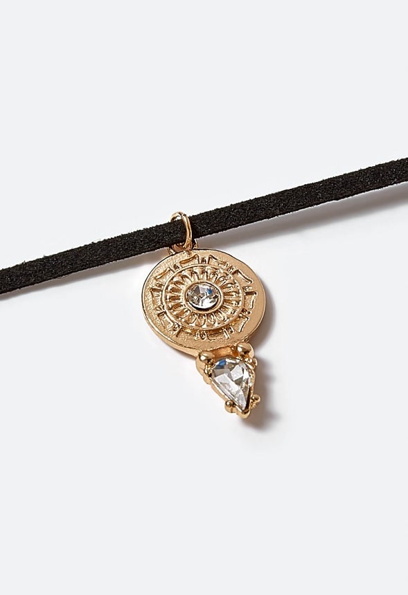 Remi Faux Leather Lariat Necklace With Western Motifs Black/ Gold