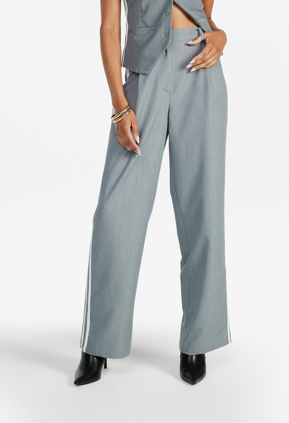 Mid Rise Racer Wide Leg Trousers Light Heather Grey/ White Stripe