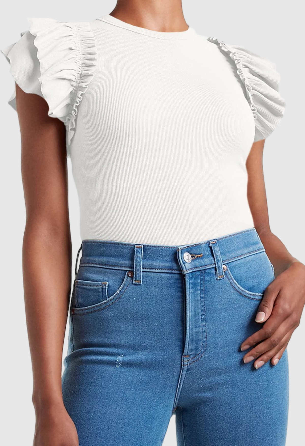 Women Ruffle Slim-Fit Short Sleeve High-Neck Ribbed Top