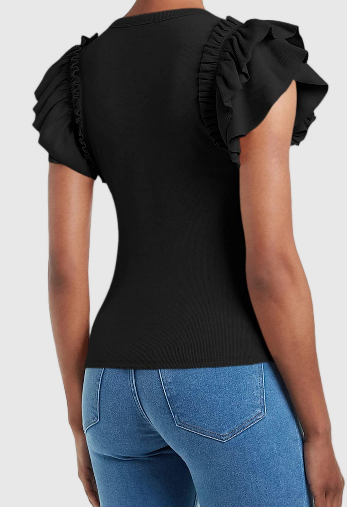 Women Ruffle Slim-Fit Short Sleeve High-Neck Ribbed Top