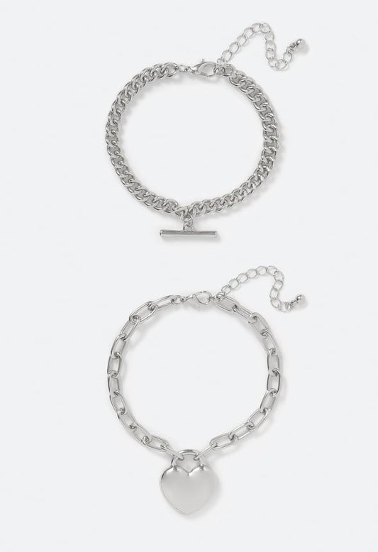 2-Pack Bria Heart and T-Bar Chain Bracelet Set Silver