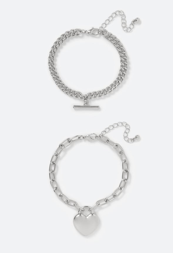 Amal 2 Pack Heart And T-Bar Chain Bracelet Set Silver