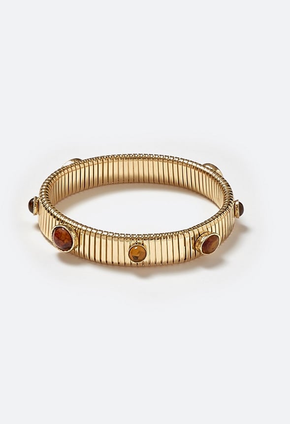 Cary Tonal Colour Glass Stones Ribbed Stretch Bracelet Brown/ Gold