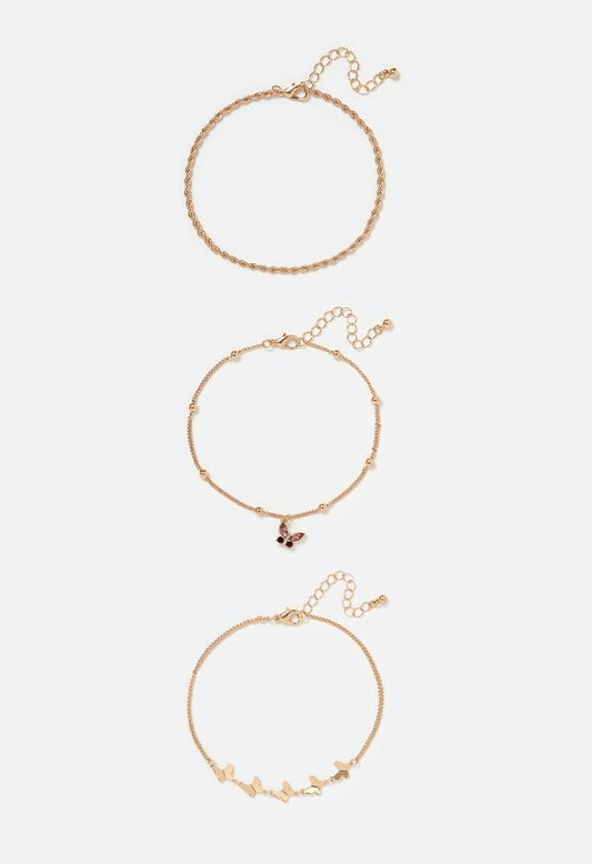 3-Piece Ruth Metal And Glass Stones Butterfly Anklet Crystal/ Gold