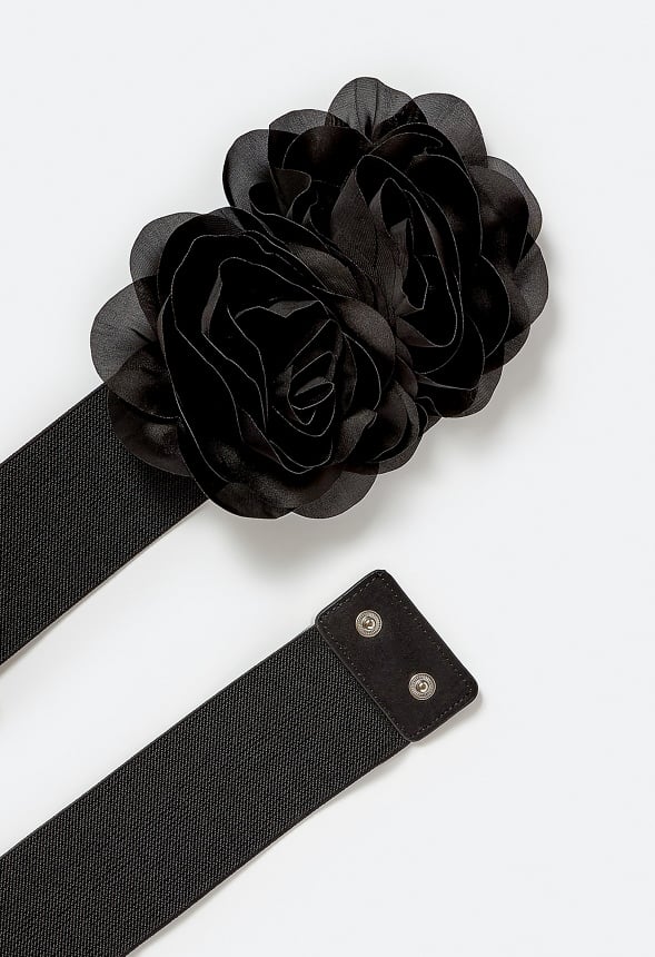 Dee Elastic Waist Belt With Double Flower Corsage Black
