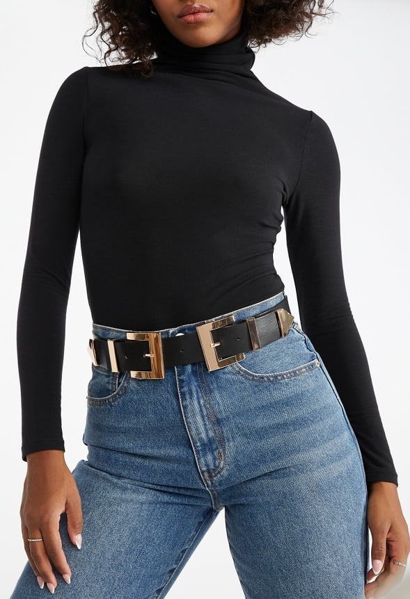Kacy Adjustable Double Buckle Faux Leather Belt Gold/ Black