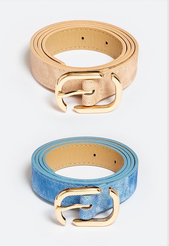 2-Pack Carla Denim Belts With Square Buckle Blue/ Tan/ Gold