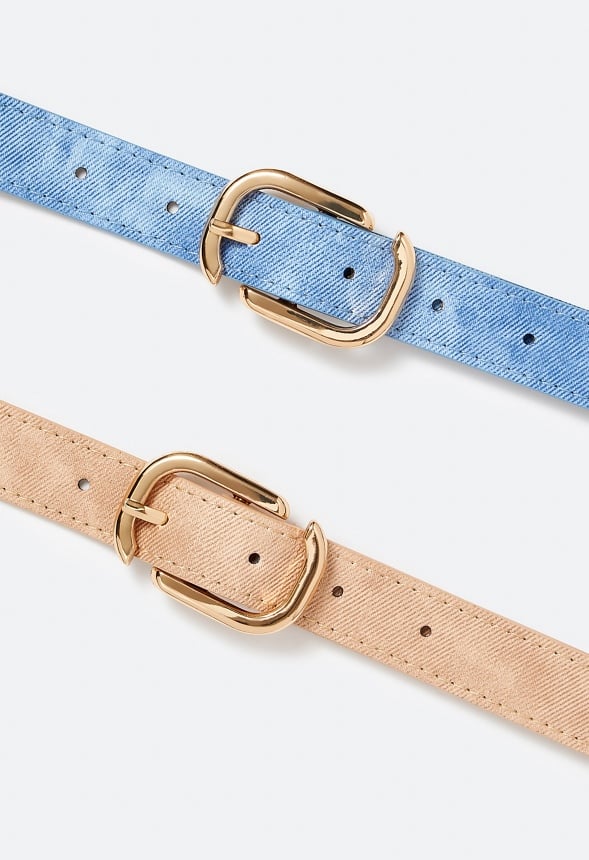 2-Pack Carla Denim Belts With Square Buckle Blue/ Tan/ Gold