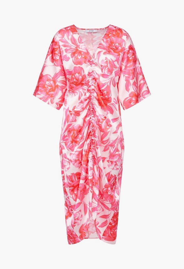 Ruched Kaftan Dress Hot Coral Floral