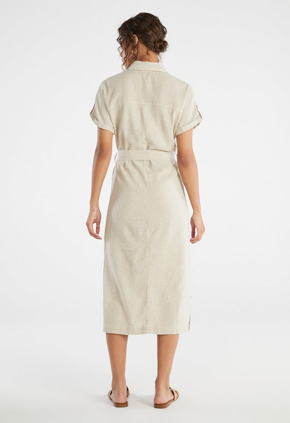 Linen Midi Shirt Dress Oatmeal Stripe