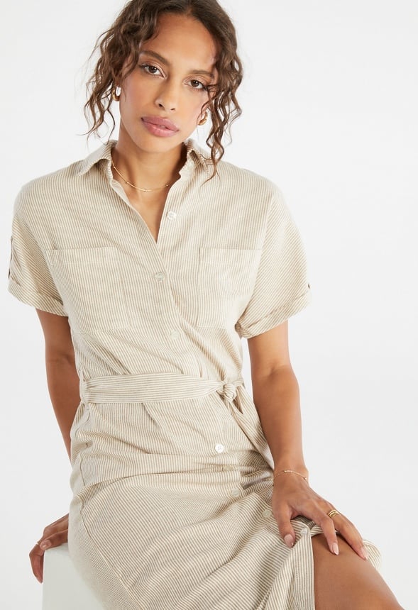 Linen Midi Shirt Dress Oatmeal Stripe