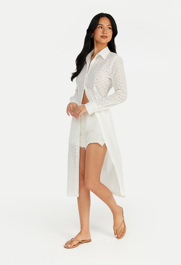 Button Down Eyelet Midi Dress Marshmallow White