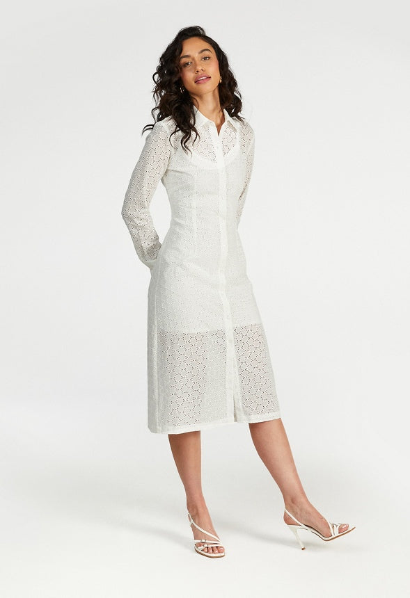 Button Down Eyelet Midi Dress Marshmallow White