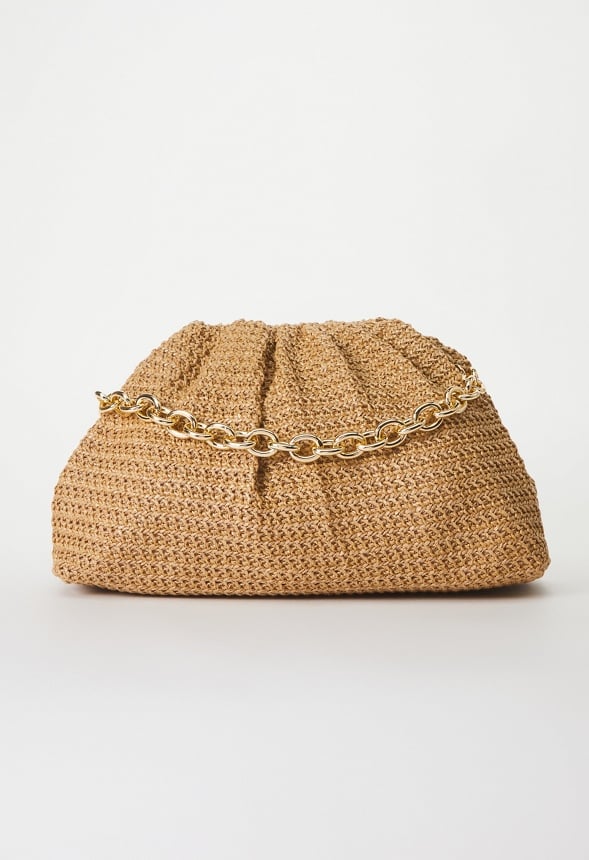 Raffia Ruched Clutch With Chain Natural