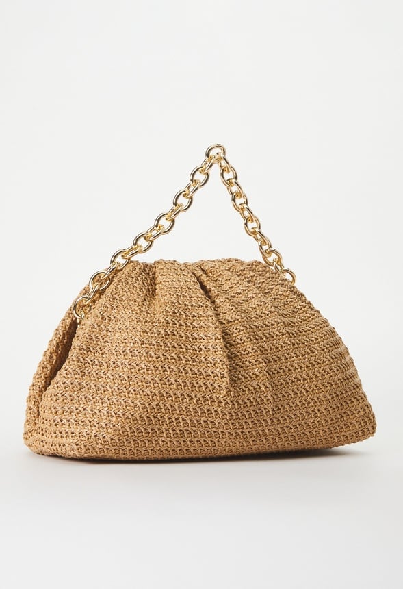 Raffia Ruched Clutch With Chain Natural
