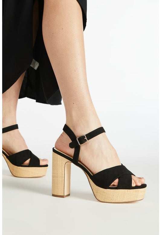 Tina Crossover Platform Sandal Black/ Raffia
