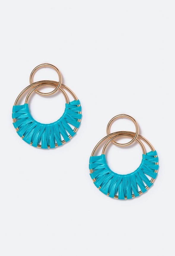 Aliza Raffia Wrapped Rings Drop Earrings Teal/ Gold