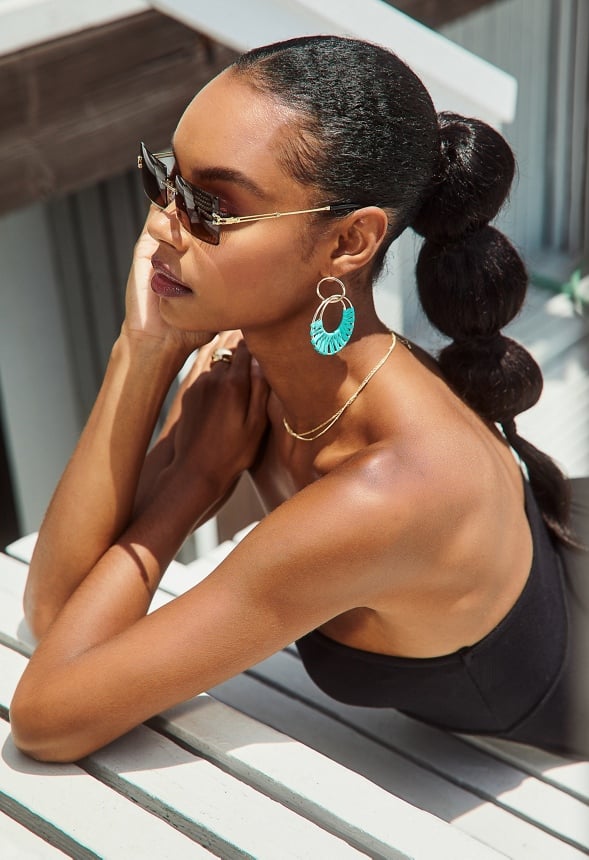 Aliza Raffia Wrapped Rings Drop Earrings Teal/ Gold