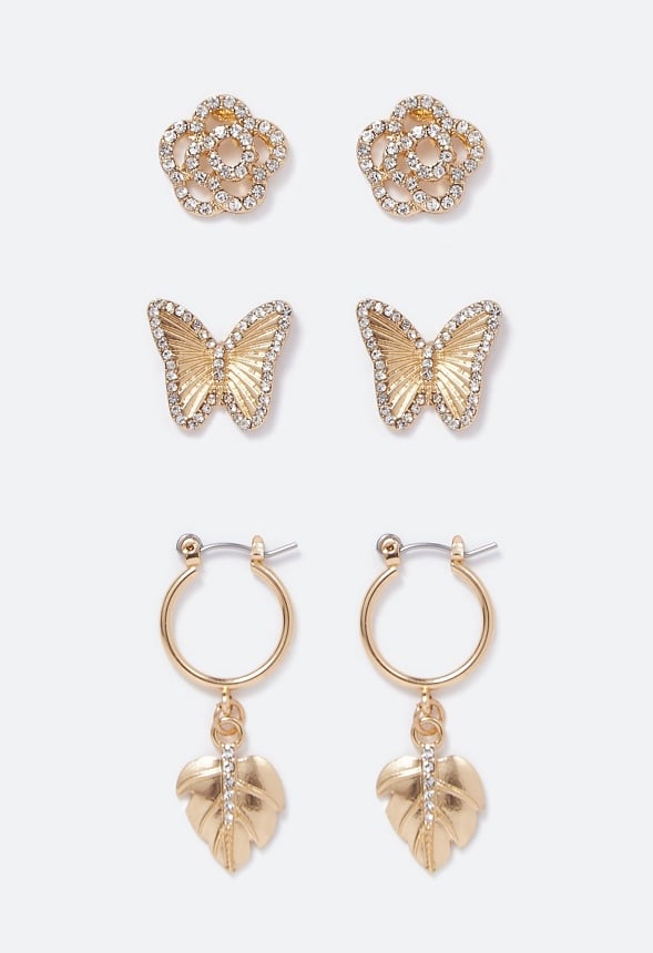Daphne Butterfly and Leaf Mix Earrings Multipack Gold