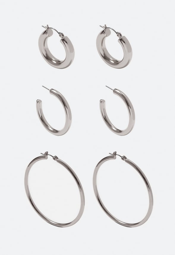 3-Pair Pack Zara Smooth Hoop Earrings Silver