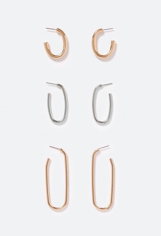 3-Pair Pack Vida Oval Hoop Earrings Gold/ Silver