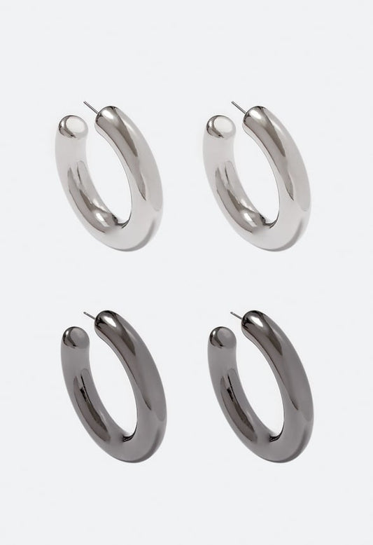 2-Pair Pack Magda Mixed Plating Hoop Earrings Silver/ Gunmetal