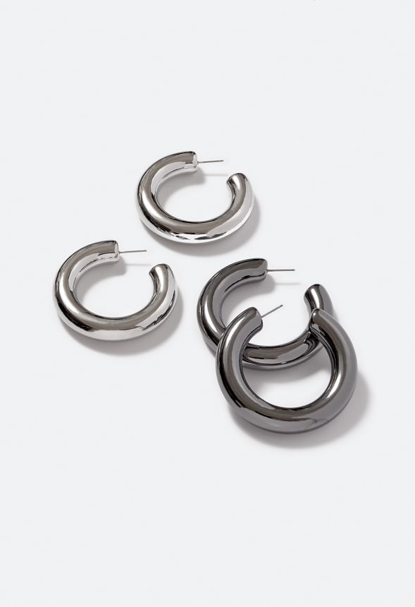 2-Pair Pack Magda Mixed Plating Hoop Earrings Silver/ Gunmetal