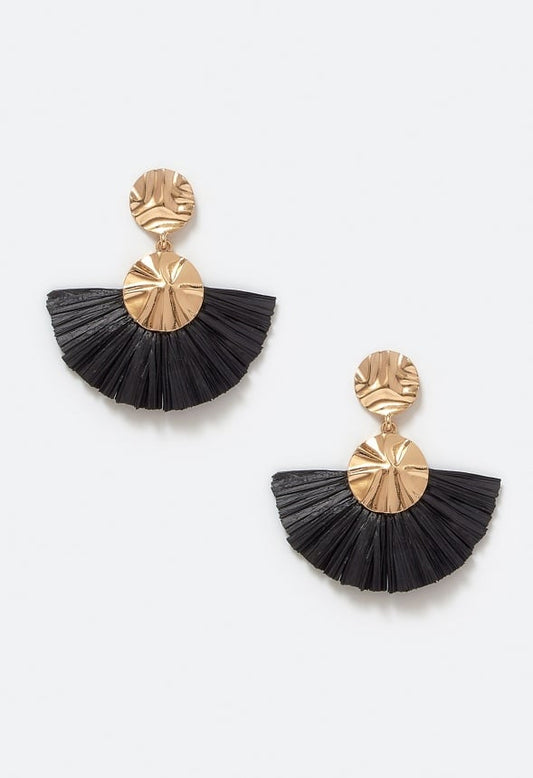 Elia Hammered Metal Disc And Raffia Fringe Drop Earrings Black/ Gold