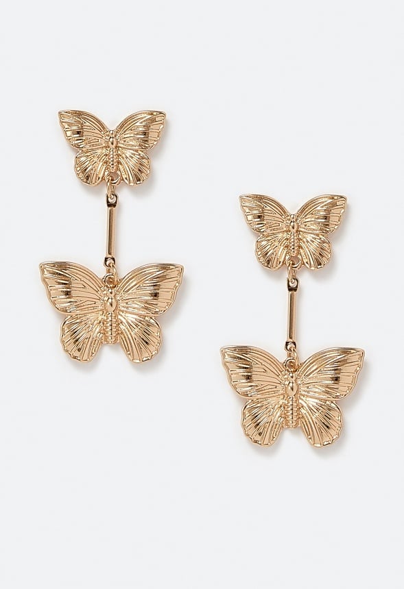 Leyla Butterfly Stud Earrings With Hanging Butterfly Drops Gold