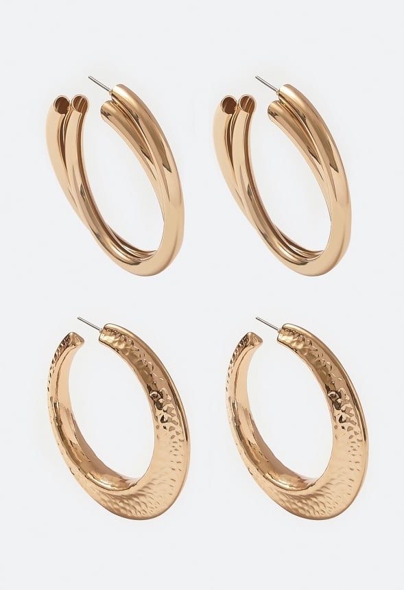 Nyra 2-Pair Lightweight Hoops In Hammered Metal & Twist Designs Gold