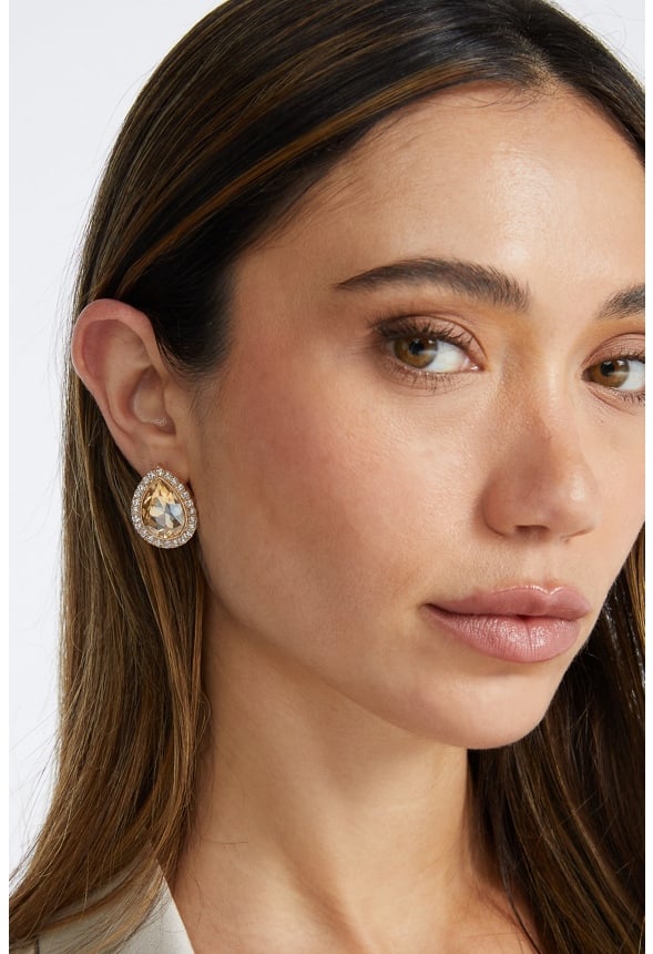 Tru Glass Stone Teardrop With Rhinestones Surrounding Stud Earrings Topaz/ Gold