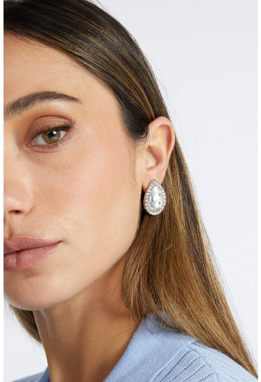 Tru Glass Stone Teardrop With Rhinestones Surrounding Stud Earrings Crystal/ Silver