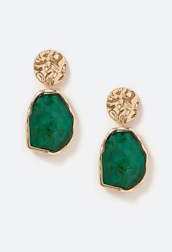 Oma Textured Coin With Irregular Resin Drop Earrings Emerald/ Gold