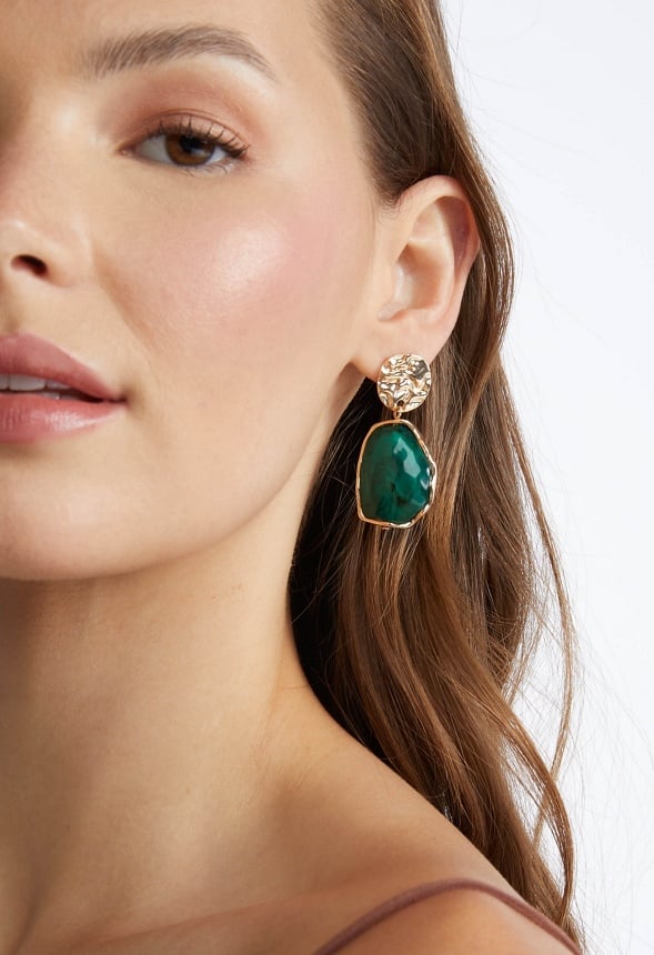 Oma Textured Coin With Irregular Resin Drop Earrings Emerald/ Gold