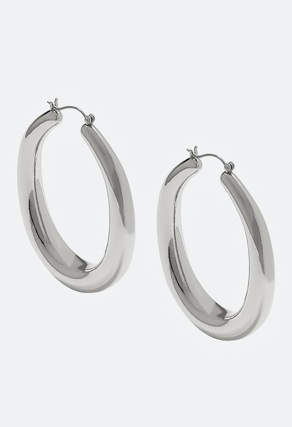 Cay Oval Smooth Tube Hoop Earrings Silver