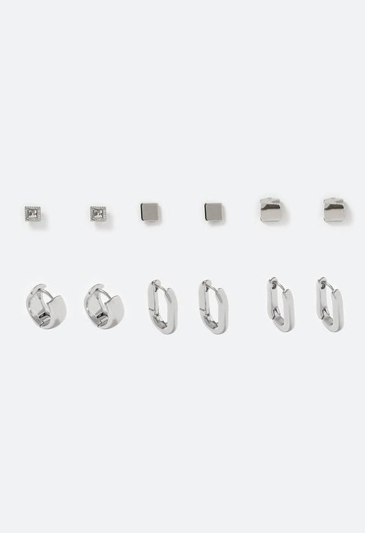 6-Pairs Pack Tara Mixed Metal Studs And Hinged Hoops Earrings Silver