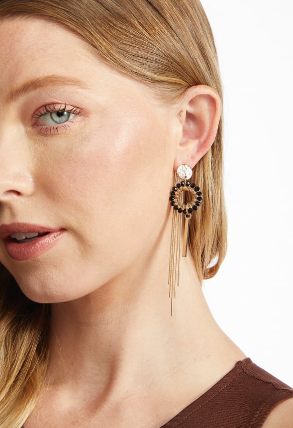 Gia Glass Bead Ring With Long Chain Fringe Drop Earrings Black/ Gold