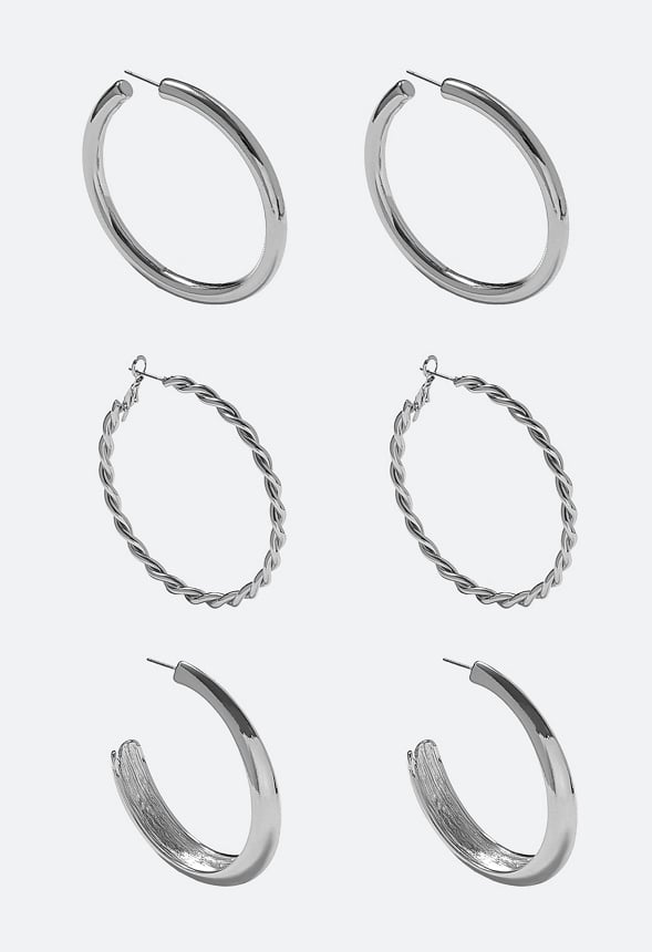 Evie 3 Pairs Smooth And Twist Hoops Earrings Silver