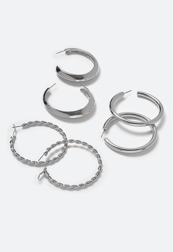 Evie 3 Pairs Smooth And Twist Hoops Earrings Silver