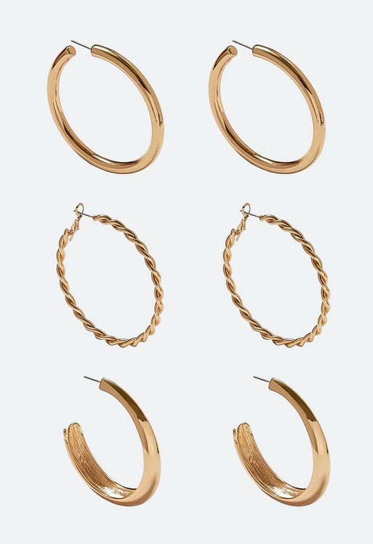 Evie 3 Pairs Pack Smooth And Twist Hoop Earrings Gold