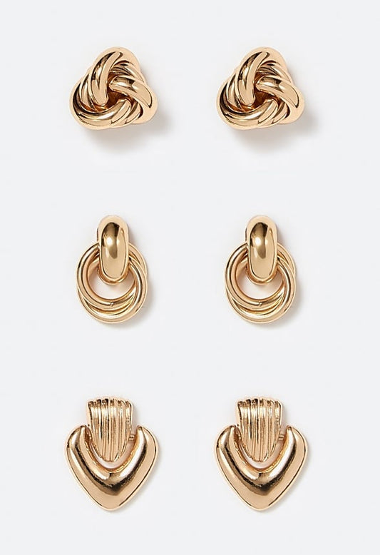 3-Pairs Gaia Pack Door Knockers And Knot Stud Earrings Gold