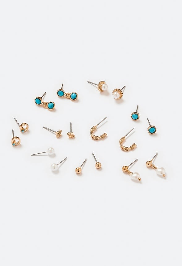 9-Pairs Bea Mix Pearl And Stud Earrings Pack Cream/ Turquoise/ Gold
