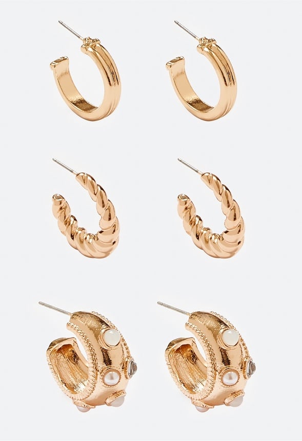 3-Pairs Kaia Pack Mix Hoops With Pearls Cream/ Gold