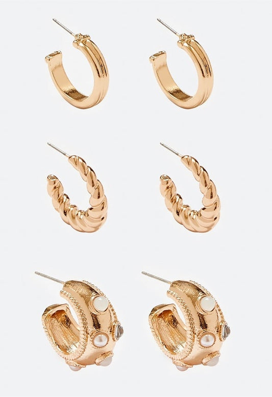 3-Pairs Kaia Pack Mix Hoops With Pearls Cream/ Gold