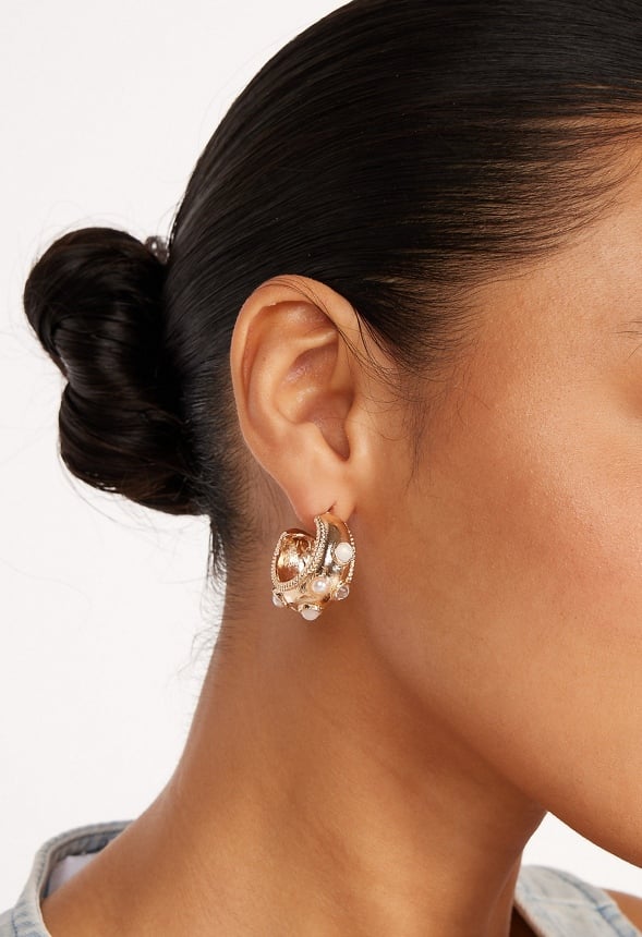 3-Pairs Kaia Pack Mix Hoops With Pearls Cream/ Gold
