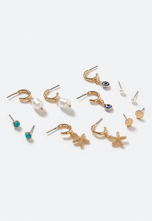 6-Pairs Pack Of Fay Mix Shell And Evil Eye Earrings Cream/ Turquoise/ Gold